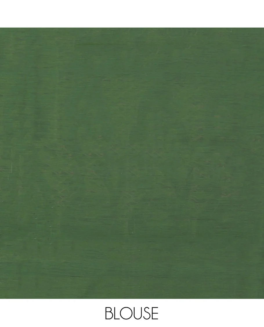 Green Semi-Silk Cotton Saree, Embellished with Zari Buttas All Over Its Body, Complemented by a Contrast Border of Peacock and Veena Designs, Pallu of Peacock Designs, and Paired with a Matching Blouse - Image 4