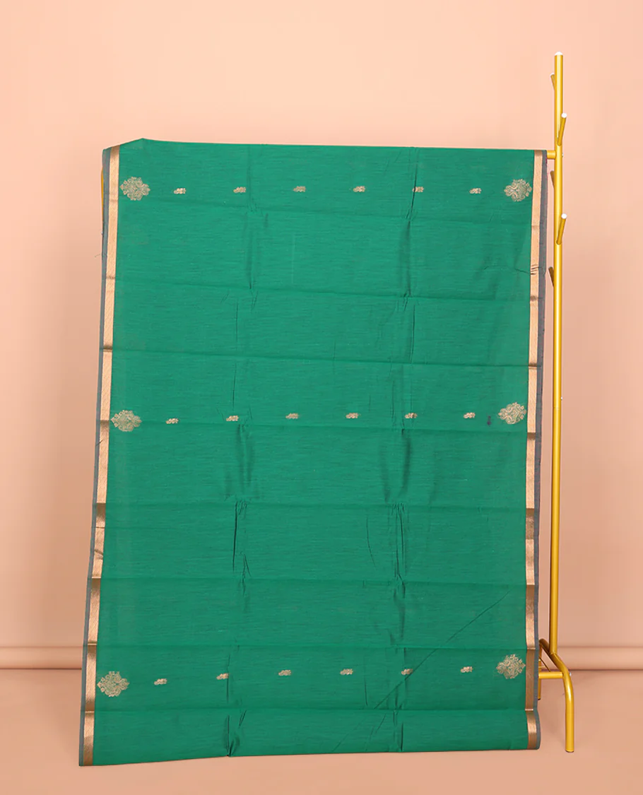 Green Semi-Silk Cotton Saree, Featuring Zari Buttas All Over Its Body, Complemented by a Contrast Piping Border, Grand Pallu of Zari Butta Enclosed Checked Design, and Paired with a Contrast Blouse