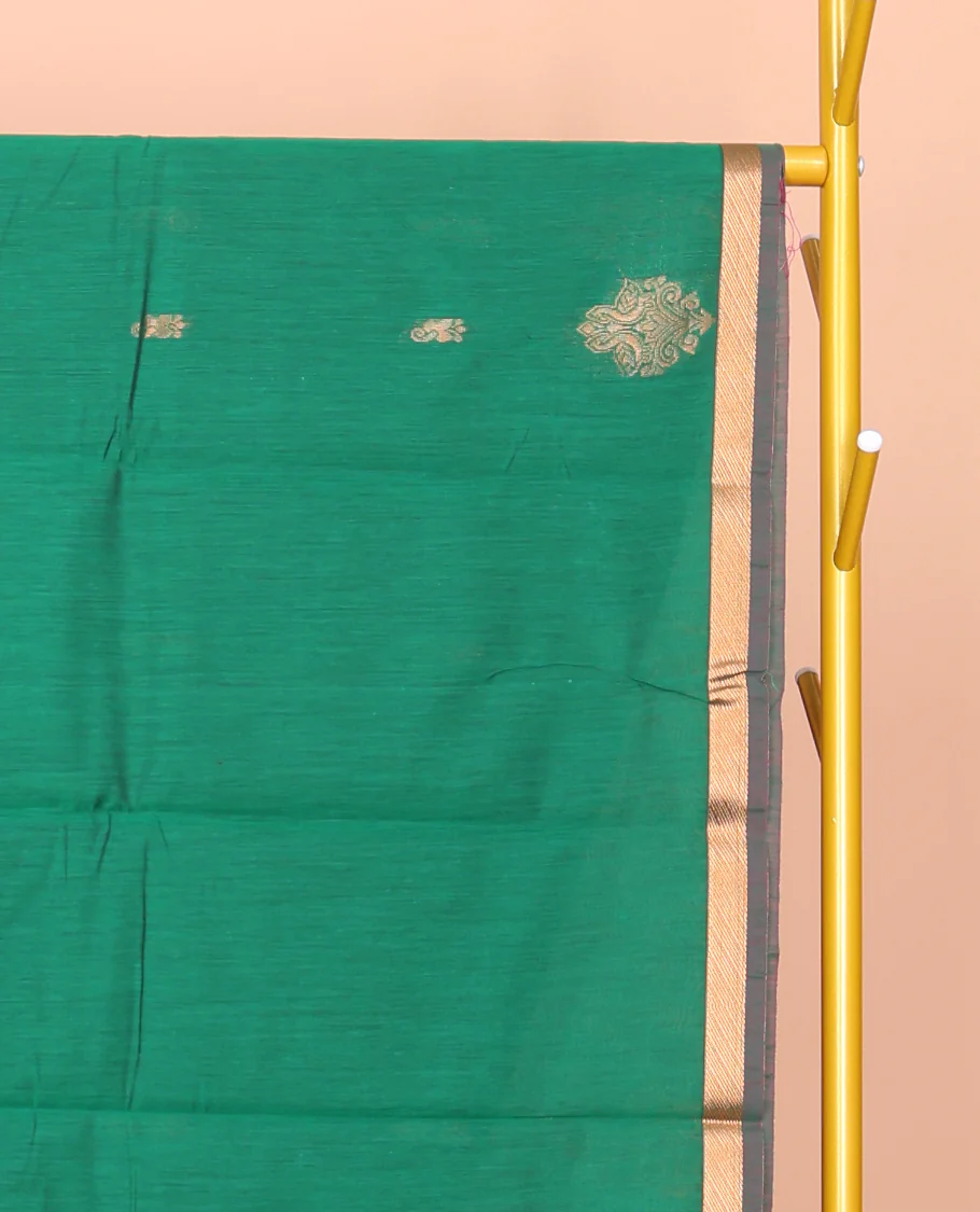 Green Semi-Silk Cotton Saree, Featuring Zari Buttas All Over Its Body, Complemented by a Contrast Piping Border, Grand Pallu of Zari Butta Enclosed Checked Design, and Paired with a Contrast Blouse - Image 2