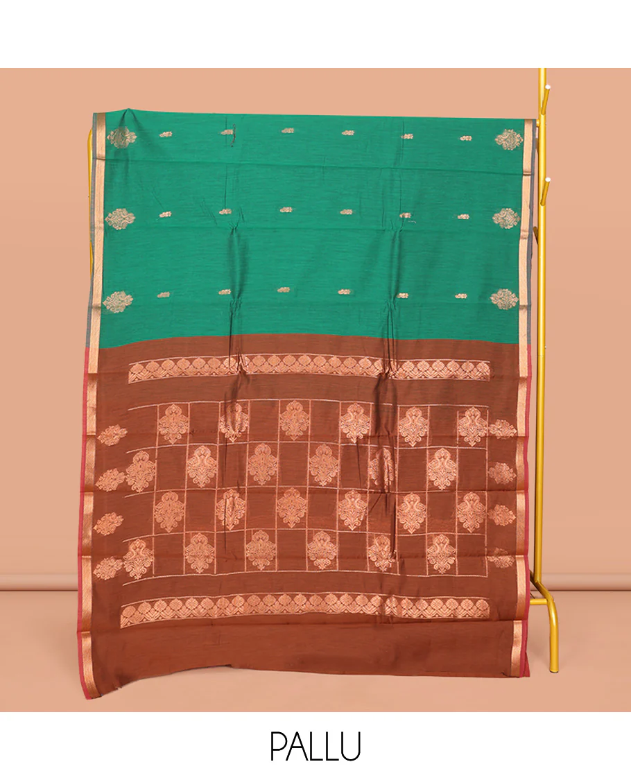 Green Semi-Silk Cotton Saree, Featuring Zari Buttas All Over Its Body, Complemented by a Contrast Piping Border, Grand Pallu of Zari Butta Enclosed Checked Design, and Paired with a Contrast Blouse - Image 3