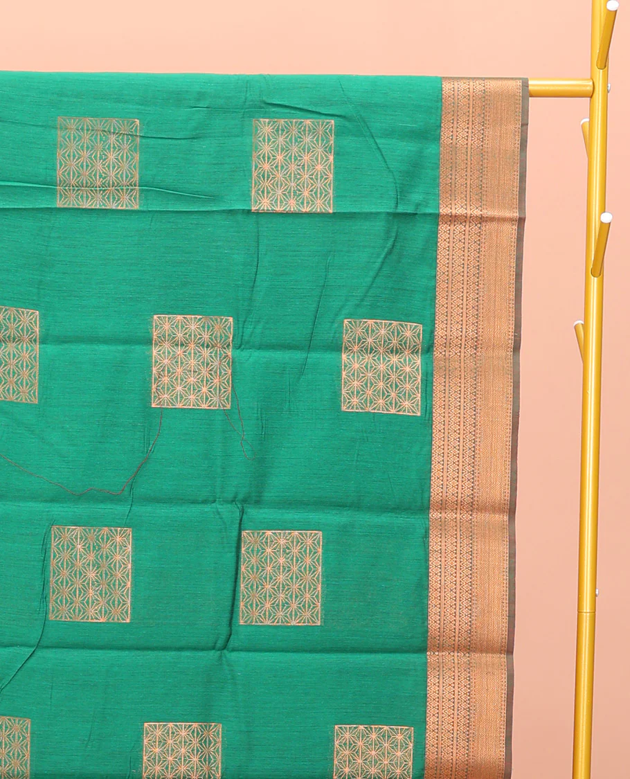 Green Semi-Silk Cotton Saree, Featuring Zari Buttas All Over Its Body, Complemented by a Contrast Traditional Zari Design Border, Pallu of Star Designs, and Paired with a Contrast Blouse - Image 2