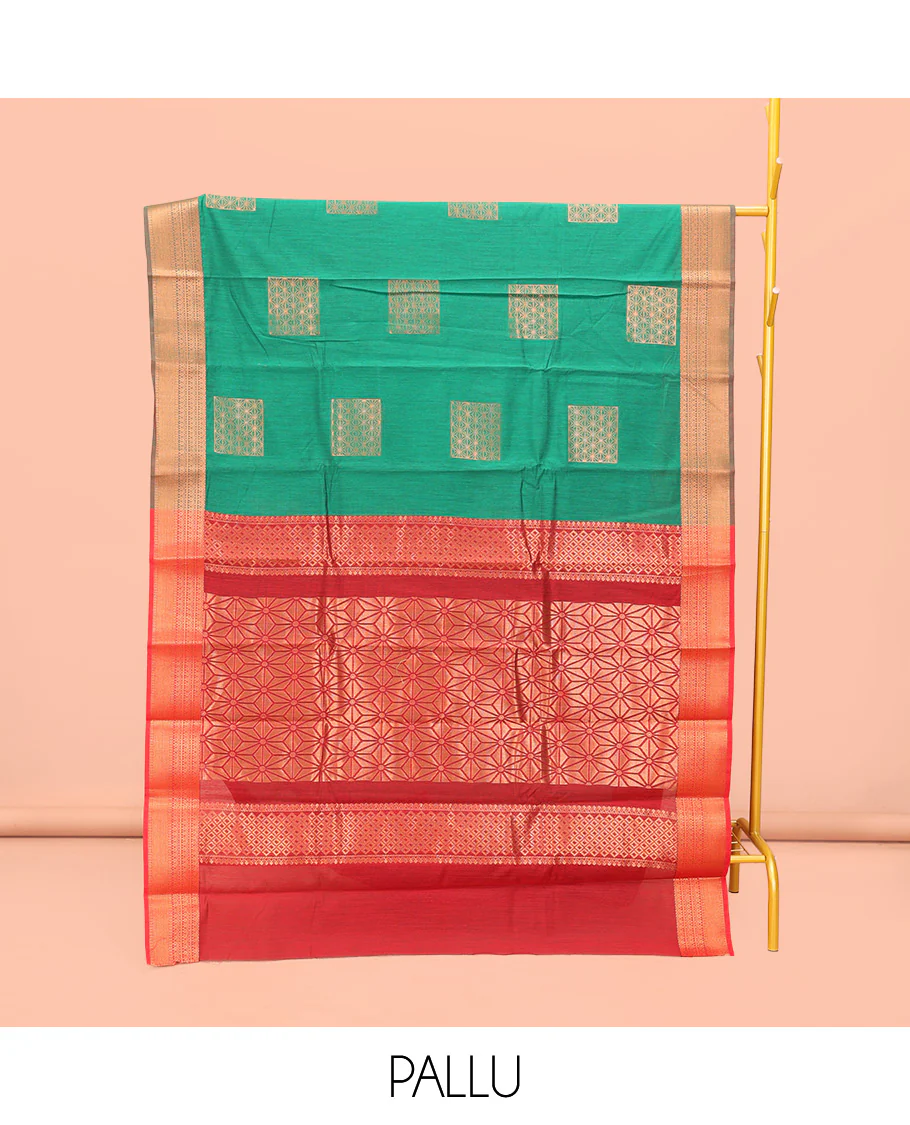 Green Semi-Silk Cotton Saree, Featuring Zari Buttas All Over Its Body, Complemented by a Contrast Traditional Zari Design Border, Pallu of Star Designs, and Paired with a Contrast Blouse - Image 3