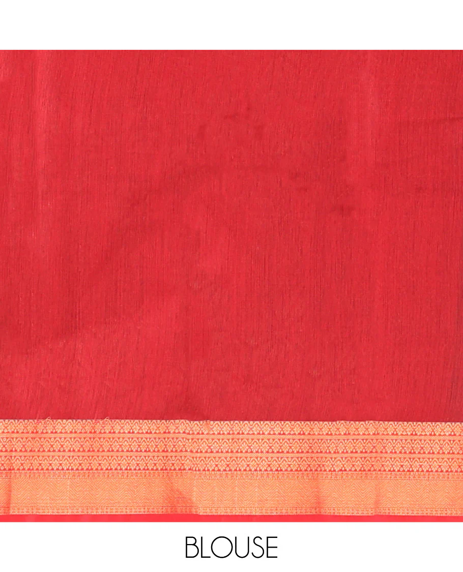 Green Semi-Silk Cotton Saree, Featuring Zari Buttas All Over Its Body, Complemented by a Contrast Traditional Zari Design Border, Pallu of Star Designs, and Paired with a Contrast Blouse - Image 4