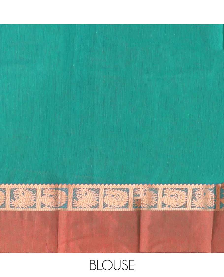Green Semi-Silk Cotton Saree, Impeccably Styled with Buttas All Over Its Body, Complemented by a Contrast Peacock Design Kal Eragina Border, Pallu Steeped with Elephant Design, and Paired with a Matching Blouse - Image 4