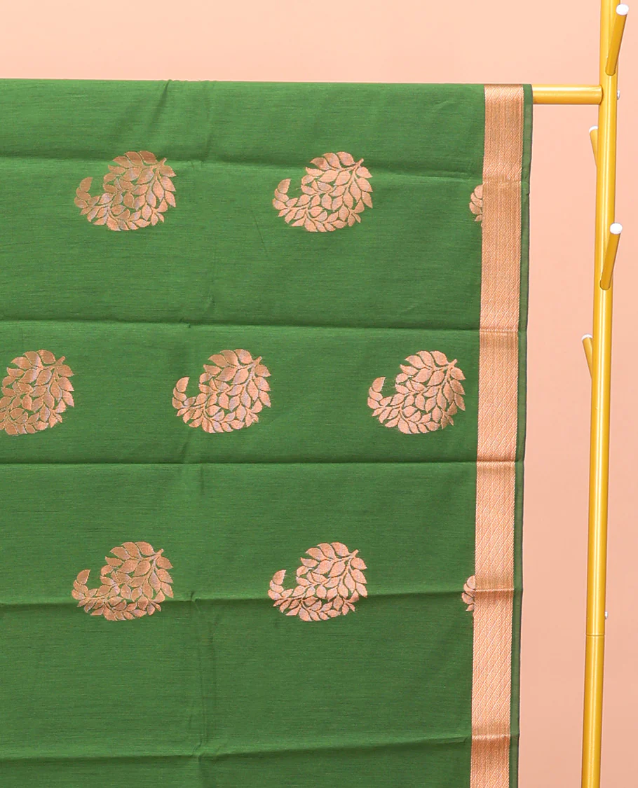 Green Semi-Silk Cotton Saree, Masterfully Woven with Paisley Zari Buttas All Over Its Body, Highlighted by a Zari Border, Pallu of Floral and Paisley Design, and Paired with a Matching Blouse - Image 2