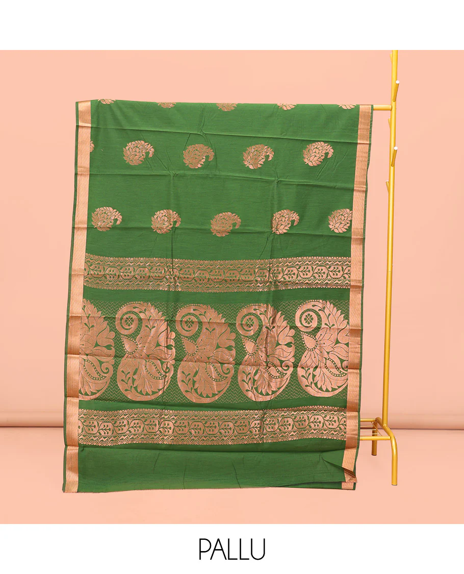 Green Semi-Silk Cotton Saree, Masterfully Woven with Paisley Zari Buttas All Over Its Body, Highlighted by a Zari Border, Pallu of Floral and Paisley Design, and Paired with a Matching Blouse - Image 3