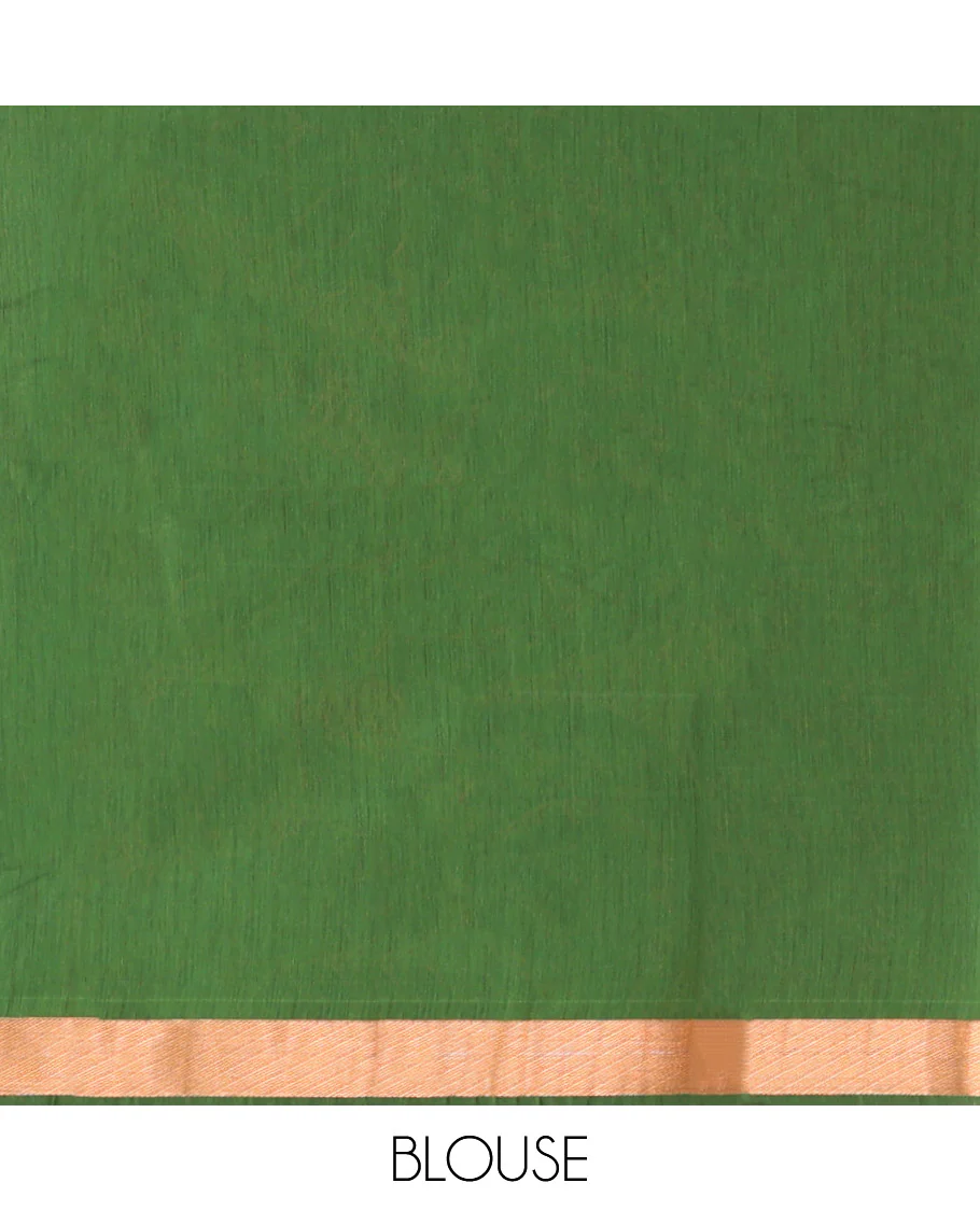Green Semi-Silk Cotton Saree, Masterfully Woven with Paisley Zari Buttas All Over Its Body, Highlighted by a Zari Border, Pallu of Floral and Paisley Design, and Paired with a Matching Blouse - Image 4