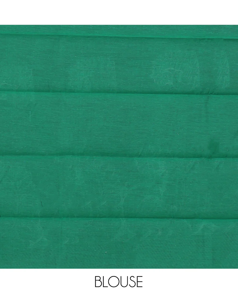Green Semi-Silk Cotton Saree, Mesmerized with Peacock Buttas All Over Its Body, Highlighted by a Zari Border, Pallu Artfully Woven with Peacock Designs, and Paired with a Matching Blouse - Image 4