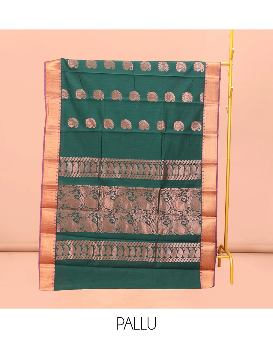 Green Semi-Silk Cotton Saree, Prettified with Paisley Buttas on Its Body, Complemented by Contrast Zari Border, Pallu Steeped with Paisley Designs, and Paired with a Matching Blouse - Image 3