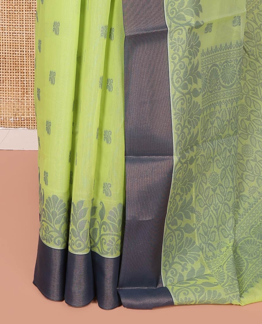 Green Semi-Silk Cotton Saree, Sparsely Woven with Floral Buttas on Its Body, Complemented by Contrast Border, Pallu Steeped with Floral Designs, and Paired with a Matching Blouse - Image 3