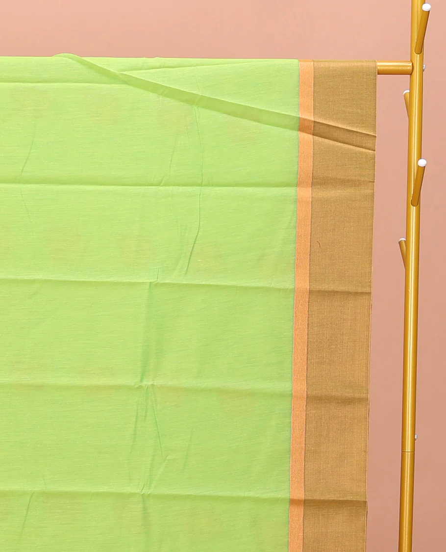 Green Semi-Silk Cotton Saree, Sparsely Woven with Zari Buttas All Over Its Body, Complemented by Contrast Border, Pallu of Intricate Zari Design, and Paired with a Matching Blouse - Image 2