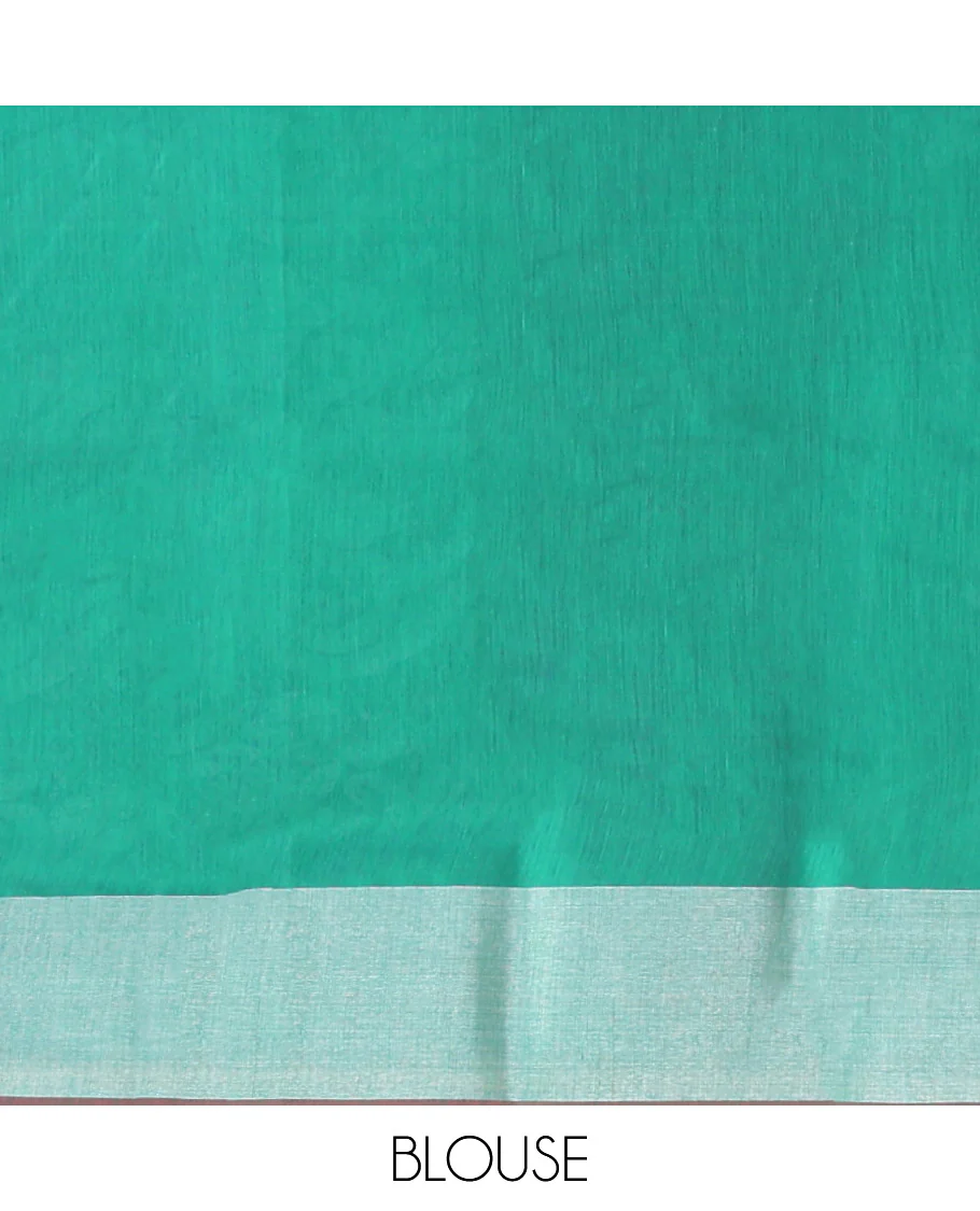 Green Semi-Silk Cotton Saree, Styled with Peacock Buttas All Over Its Body, Highlighted by a Self-Border  of Peacock Designs, Pallu Steeped with Peacock Zari Design, and Paired with a Matching Blouse - Image 4