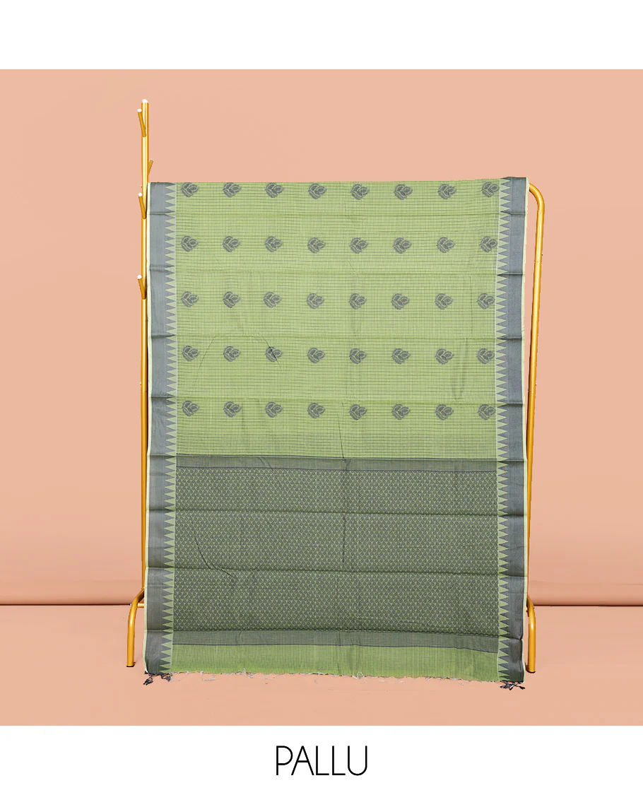 Green Semi-Silk Cotton Saree, Subtly Sparkled with Buttas and Micro-Checks All Over Its Body, Highlighted by a Temple Border, Intricate Pallu, and Paired with a Contrast Blouse - Image 2