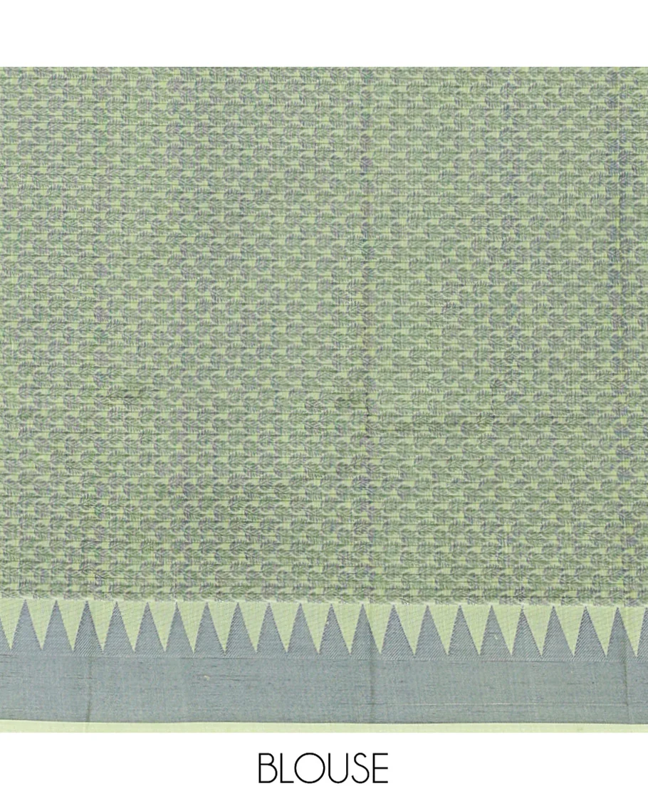 Green Semi-Silk Cotton Saree, Subtly Sparkled with Buttas and Micro-Checks All Over Its Body, Highlighted by a Temple Border, Intricate Pallu, and Paired with a Contrast Blouse - Image 3