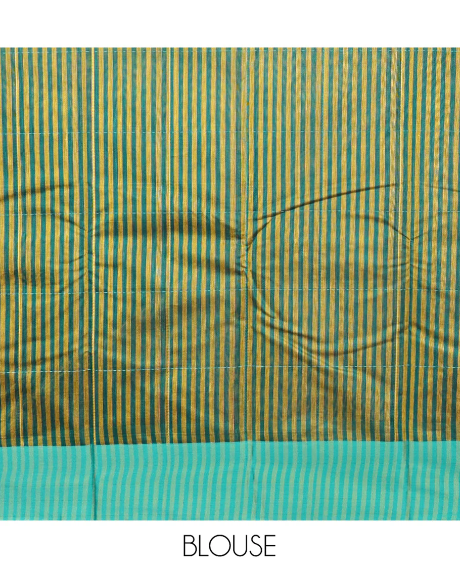 Green Semi-Silk Cotton Saree, Subtly Sparkled with Checks All Over Its Body, Complemented by a Contrast Border, Striped Pallu, and Paired with a Matching Blouse - Image 3