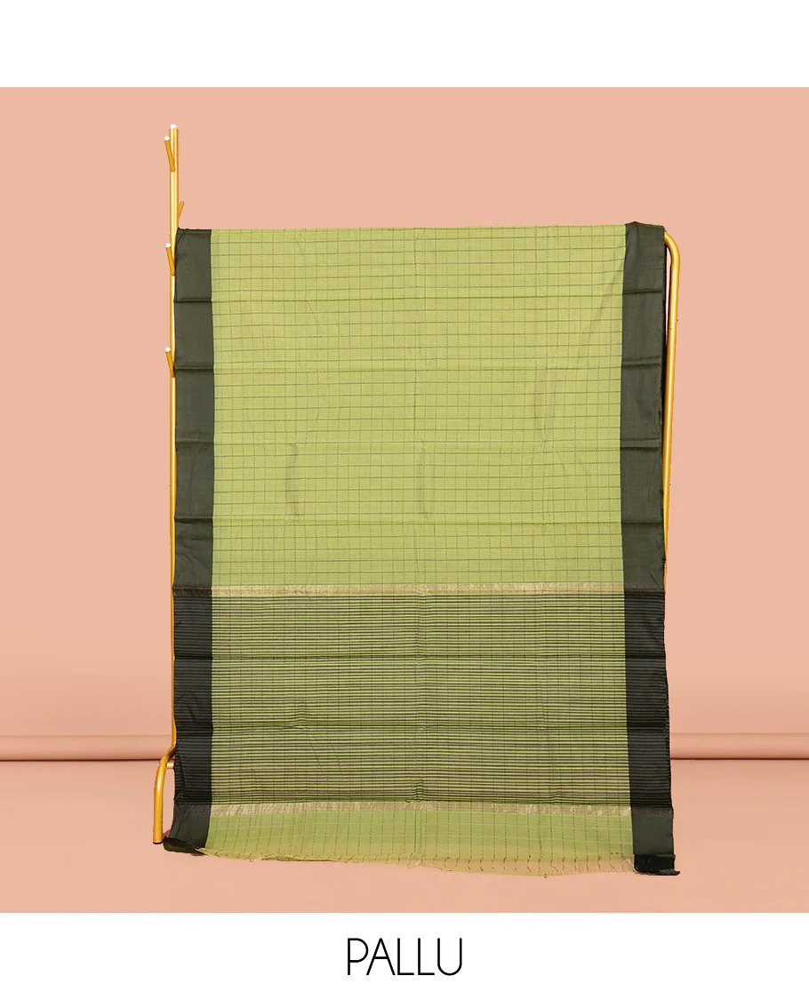 Green Semi-Silk Cotton Saree, Subtly Sparkled with Checks All Over Its Body, Complemented by a Contrast Border, Striped Pallu, and Paired with a Matching Blouse - Image 2