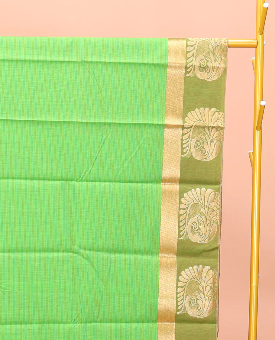Green Semi-Silk Cotton Saree, Subtly Sparkled with Stripes All Over Its Body, Complemented by a Contrast Zari Buttas Woven Border, Pallu of Bird and Paisley Designs, and Paired with a Matching Blouse - Image 2