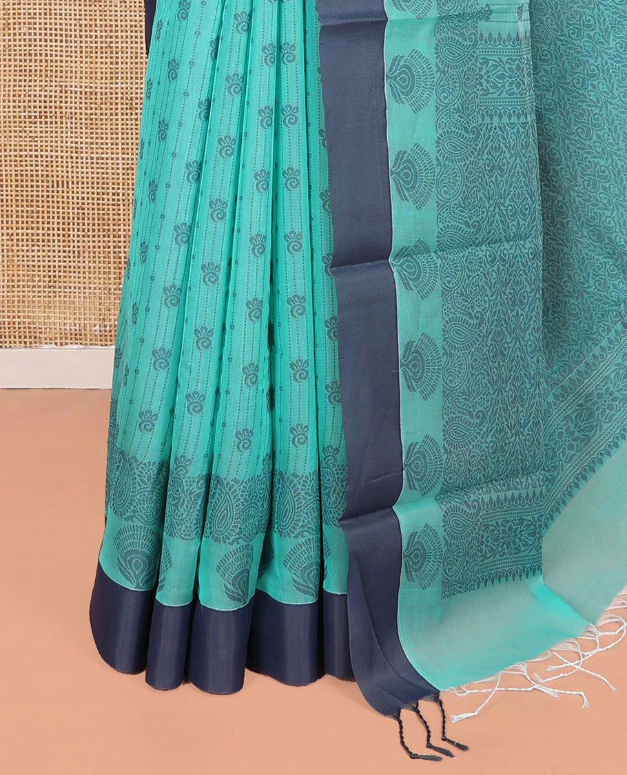 Green Semi-Silk Cotton Saree, Subtly Sparkled with Stripes and Buttas All Over Its Body, Complemented by Contrast Border, Intricately Designed Pallu, and Paired with a Matching Blouse - Image 3