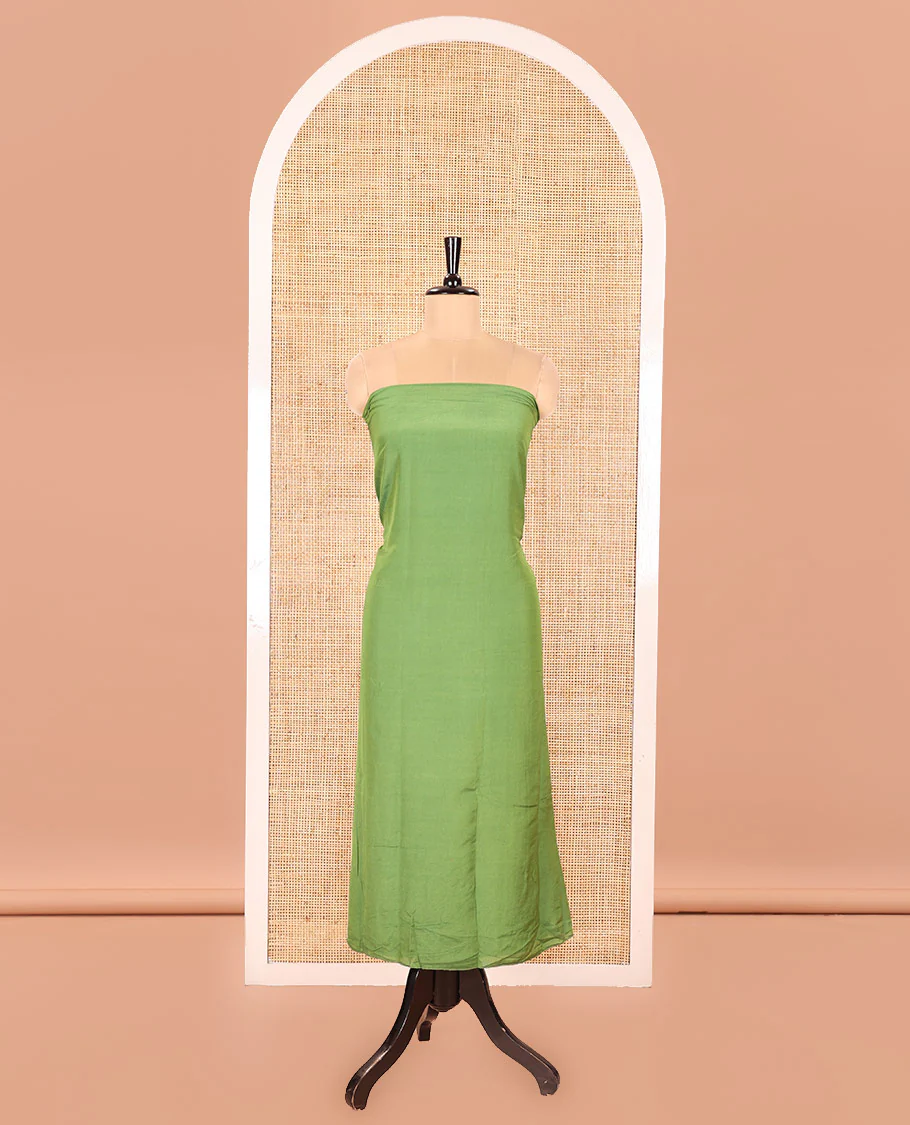 Green Semi Silk Material Churidar Set, Subtly Made Plain Top, a Plain Santoon Bottom, and Is Paired with a Dual-Colored Bandhani Motifs Semi Silk Dupatta - Image 4