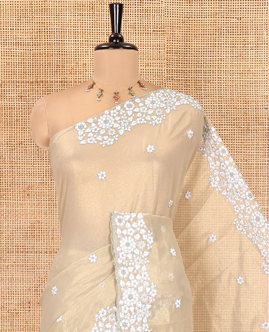 Green Shimmer Chiffon Saree, Artfully Detailed with Floral Embroidery on Its Body, Scallop Floral Embroidery Border, a Self-Pallu, and Paired with a Matching Embroidered Blouse - Image 2