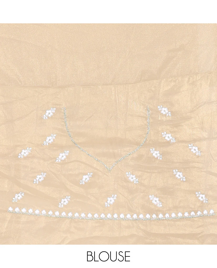 Green Shimmer Chiffon Saree, Artfully Detailed with Floral Embroidery on Its Body, Scallop Floral Embroidery Border, a Self-Pallu, and Paired with a Matching Embroidered Blouse - Image 4