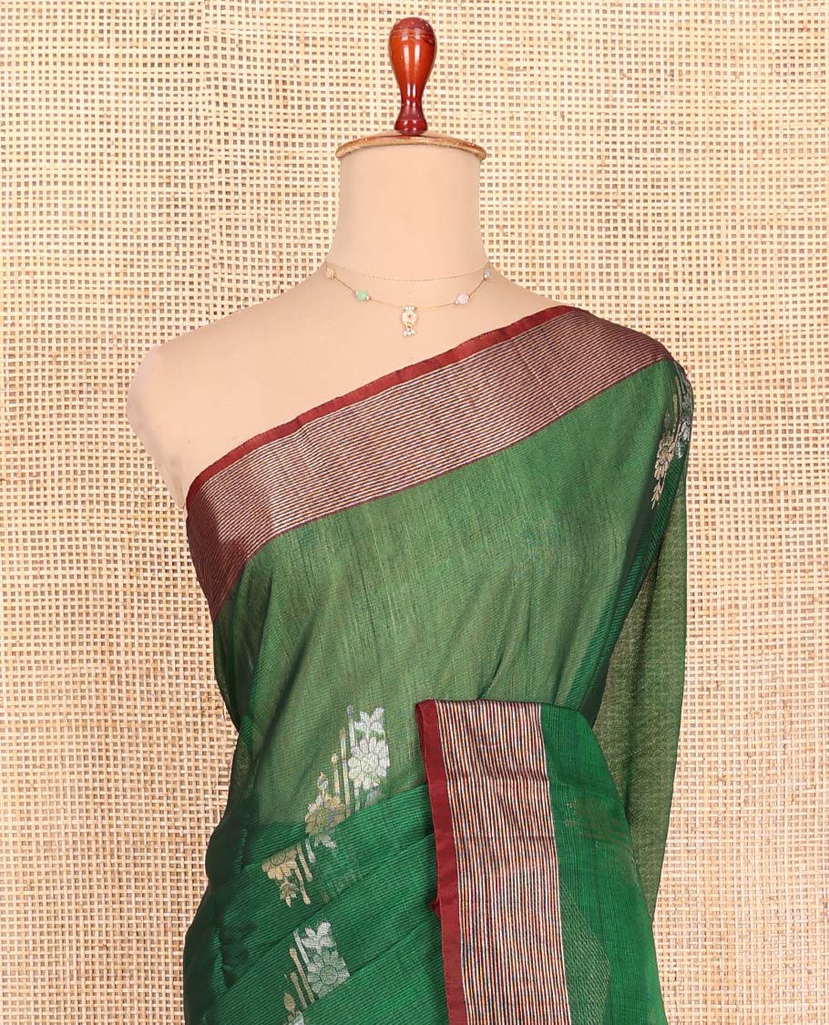 Green Silk Cotton Saree, Adorned with Floral Buttas All Over Its Body, Complemented by a Contrast Zari Striped Border, Pallu of Jaal Designs, and Paired with a Contrast Blouse - Image 2