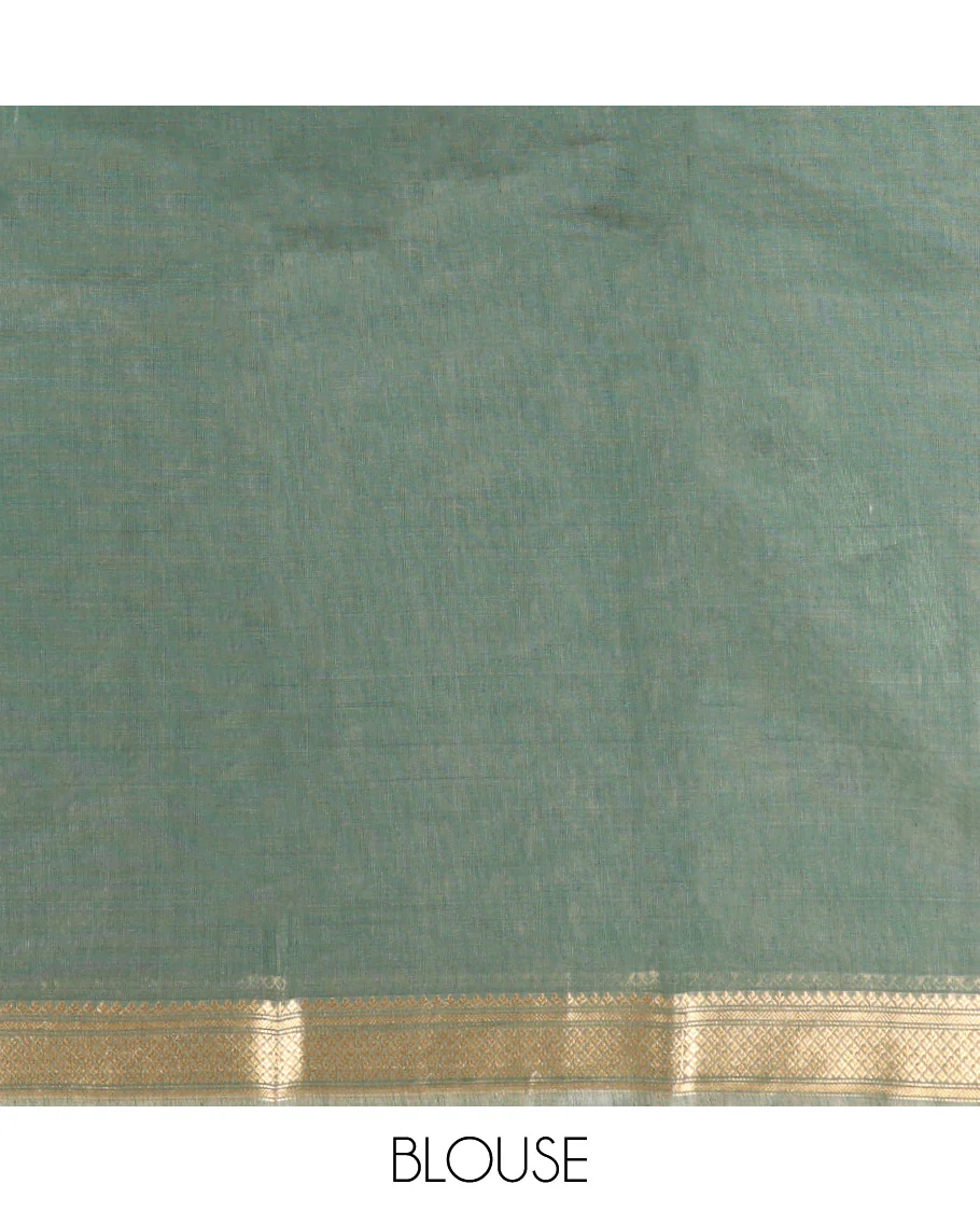 Green Silk Cotton Saree, Embellished with Geometric Buttas All Over Its Body, Highlighted by Traditional Zari Designs Woven Border, Grand Jaal Pallu and Paired with a Matching Blouse - Image 5