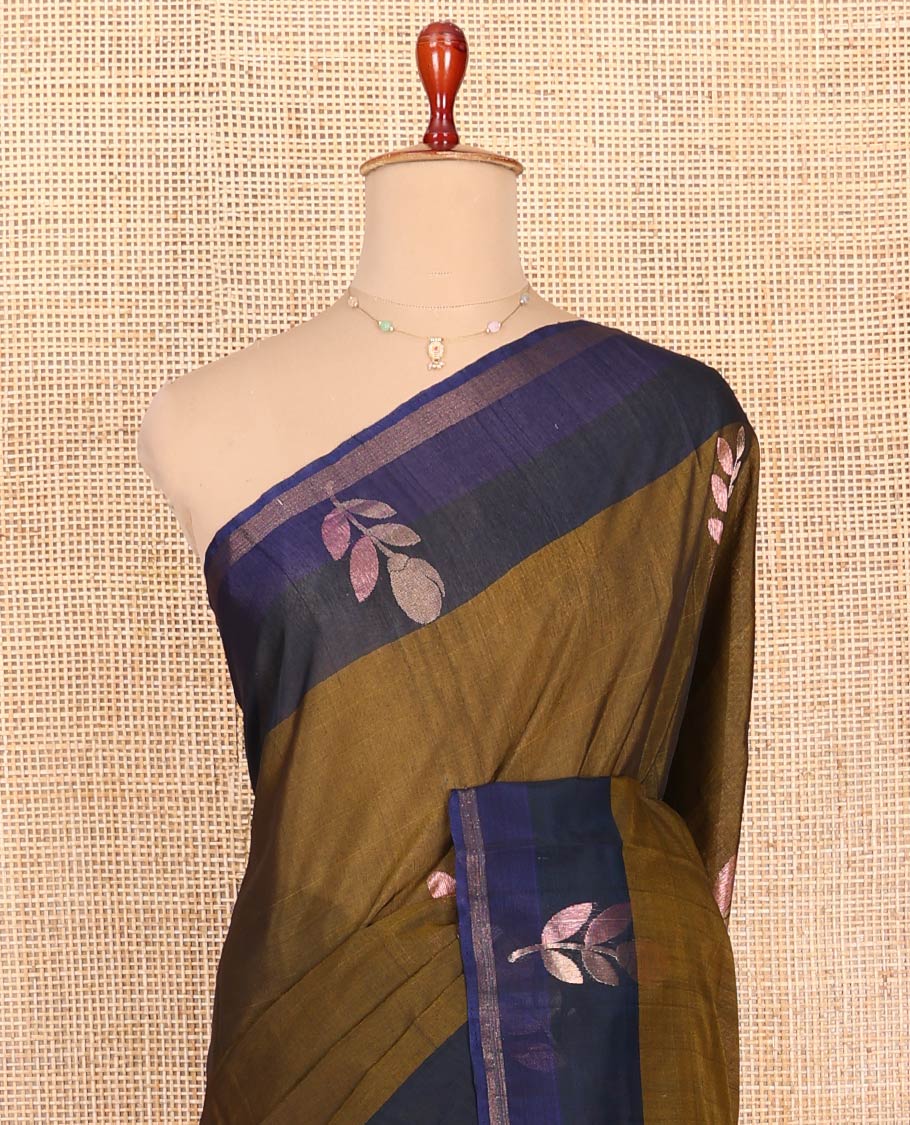 Green Silk Cotton Saree, Embellished with Zari Buttas All Over Its Body, Complemented by a Contrast Floral  Design Border, Pallu of Zari Designs, and Paired with a Contrast Blouse - Image 2