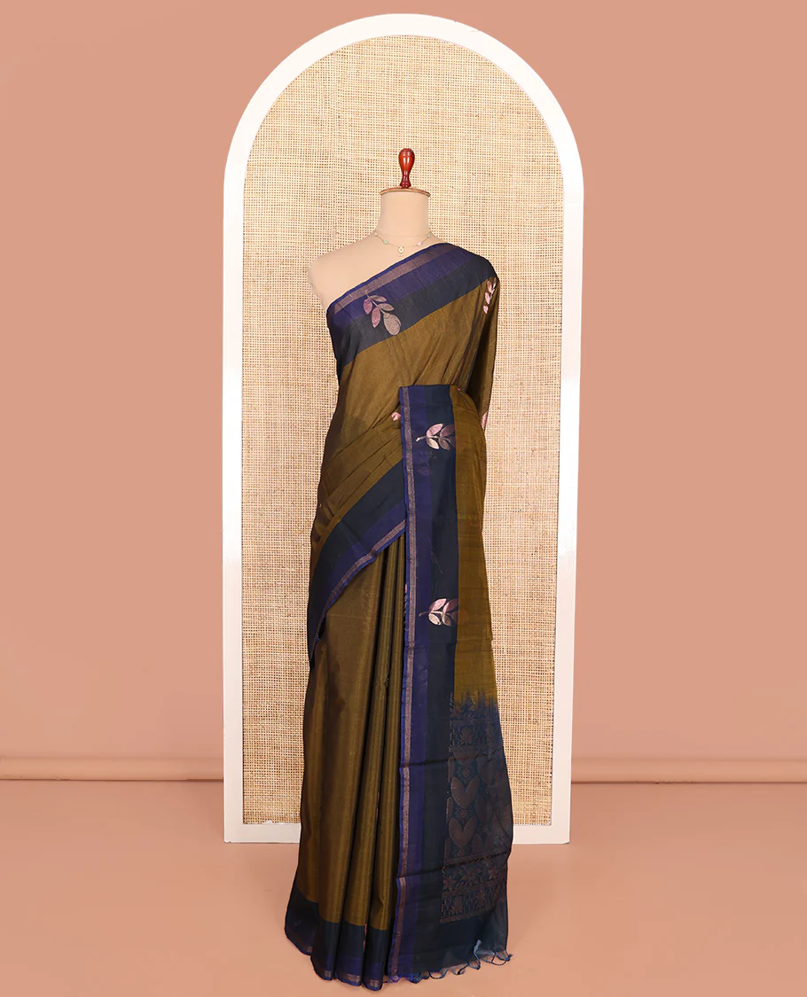 Green Silk Cotton Saree, Embellished with Zari Buttas All Over Its Body, Complemented by a Contrast Floral  Design Border, Pallu of Zari Designs, and Paired with a Contrast Blouse - Image 3