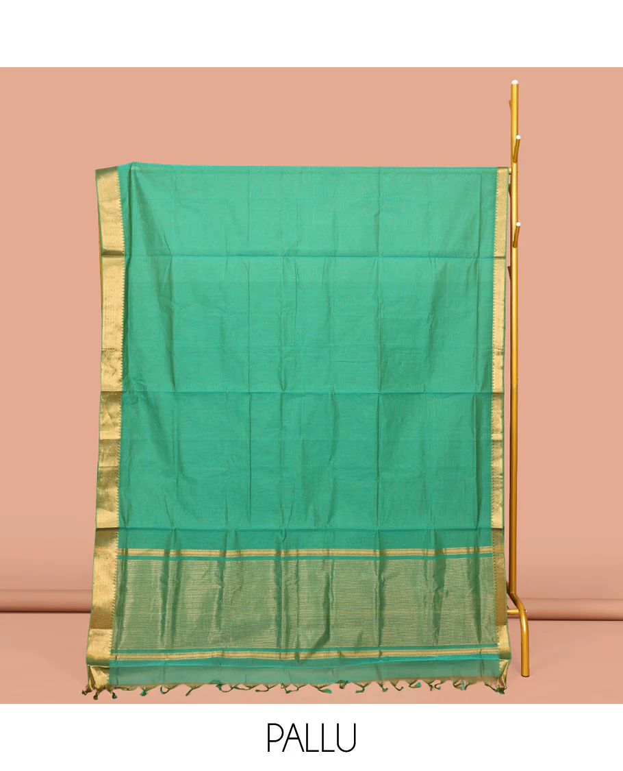 Green Sparsely Striped Mangalgiri Cotton Saree, Highlighted by a Zari Border, Gleaming Zari-Striped Pallu, and Paired with a Matching Blouse - Image 2
