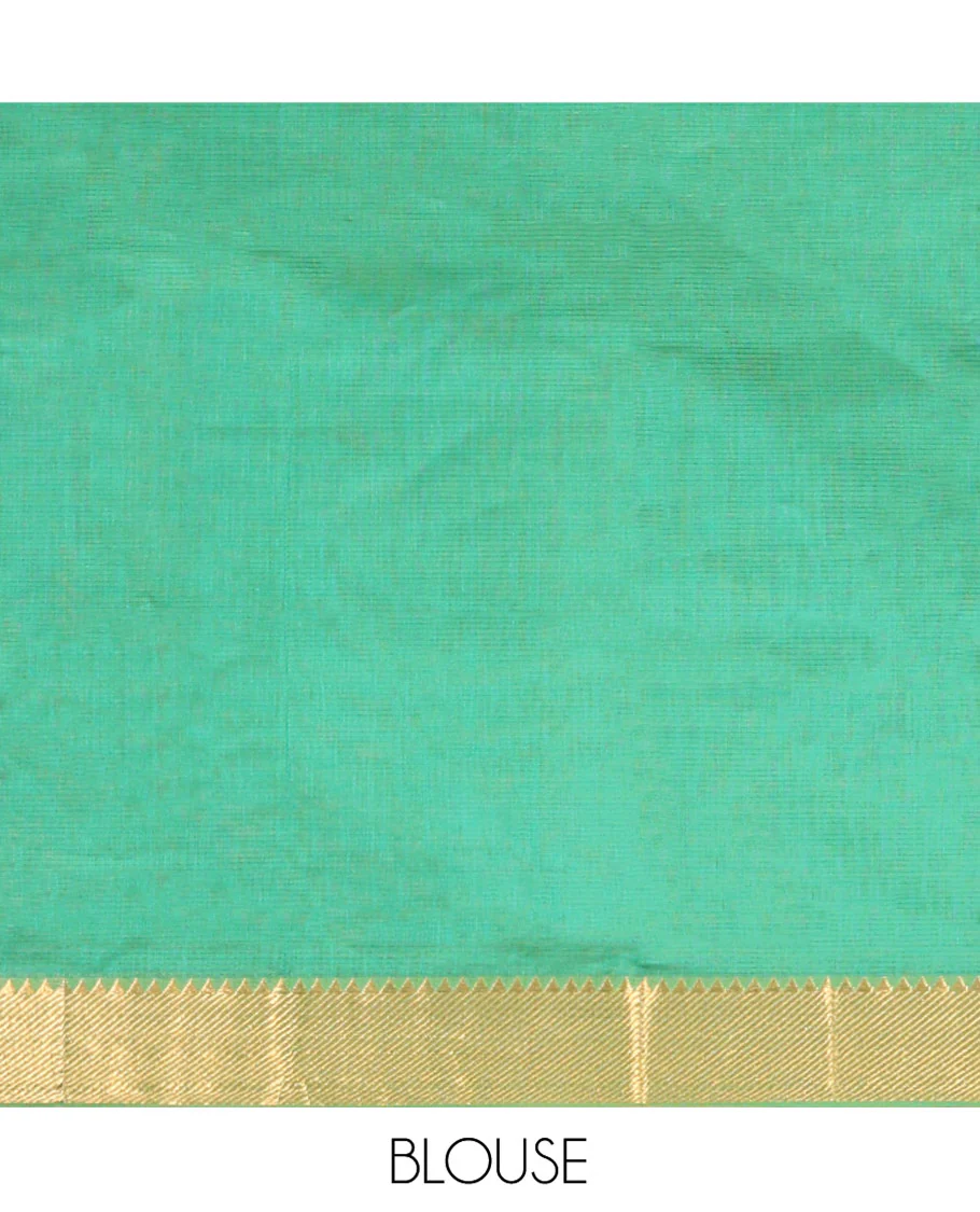 Green Sparsely Striped Mangalgiri Cotton Saree, Highlighted by a Zari Border, Gleaming Zari-Striped Pallu, and Paired with a Matching Blouse - Image 3