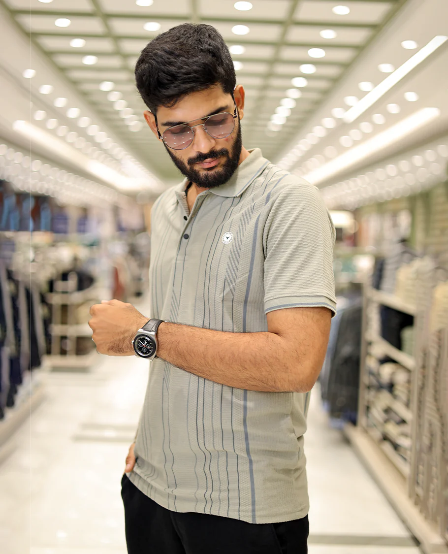 Green Striped Cotton-Blended T-Shirt Comes with Half-Sleeves, a Polo Neck, a Slim Fit, and Regular Length - Image 3