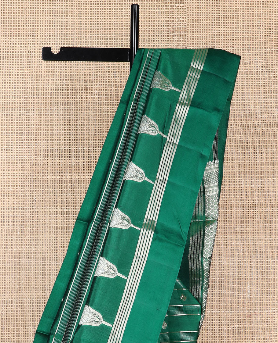 Green striped, floral design raw mango silk saree with self border & jaal design pallu - Image 4