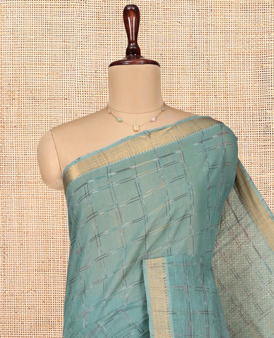 Green Striped Mangalgiri Cotton Saree, Highlighted by Zari Temple Border, Zari-Striped Pallu, and Paired with a Contrast Blouse - Image 2