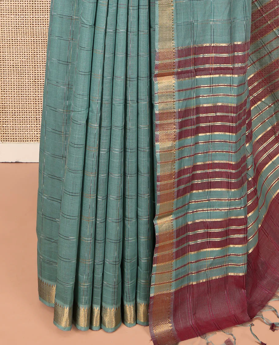 Green Striped Mangalgiri Cotton Saree, Highlighted by Zari Temple Border, Zari-Striped Pallu, and Paired with a Contrast Blouse - Image 3