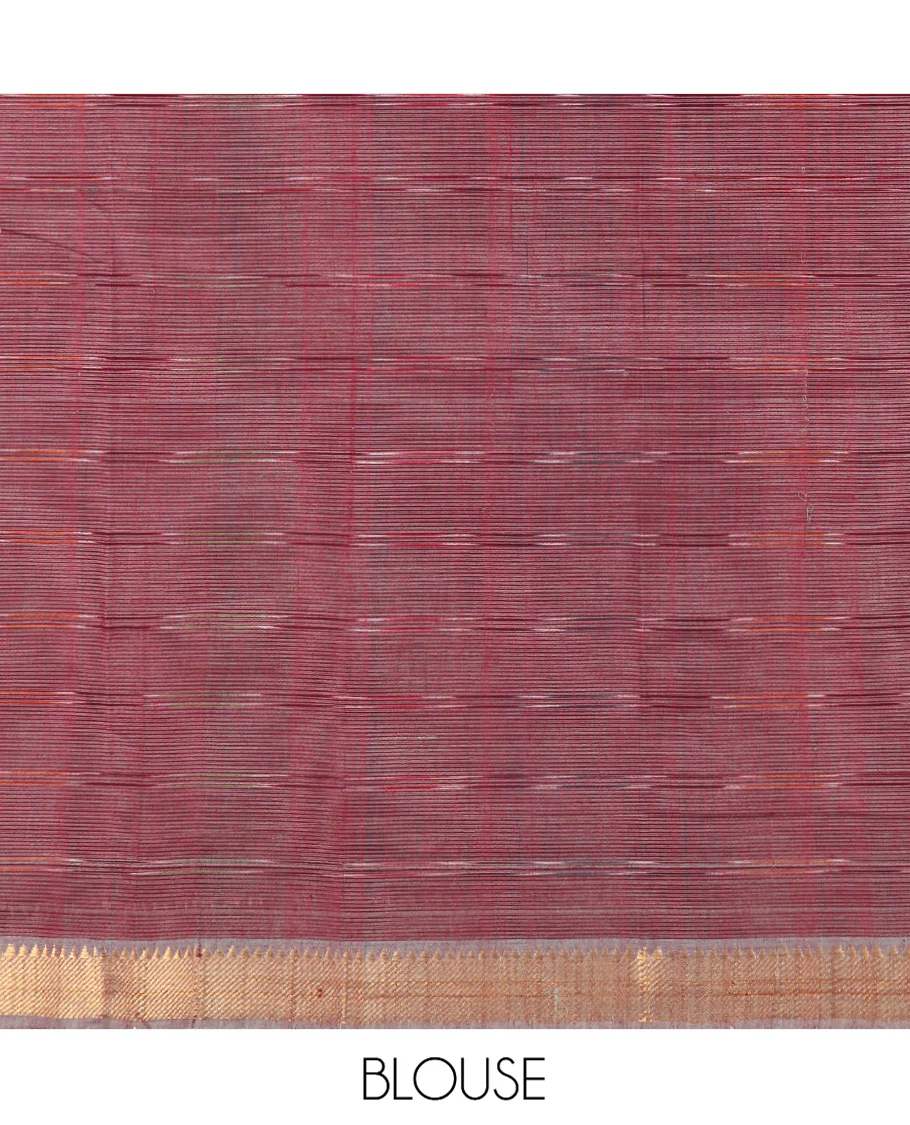 Green Striped Mangalgiri Cotton Saree, Highlighted by Zari Temple Border, Zari-Striped Pallu, and Paired with a Contrast Blouse - Image 4