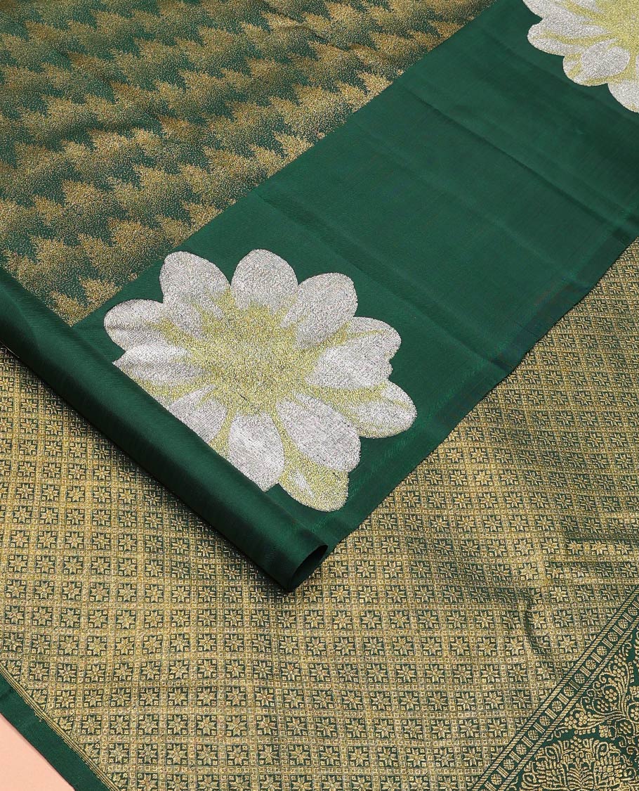 Green tree motifs Kanchipuram designer saree, big marigold floral motifs woven border, and jaal pallu - Image 2
