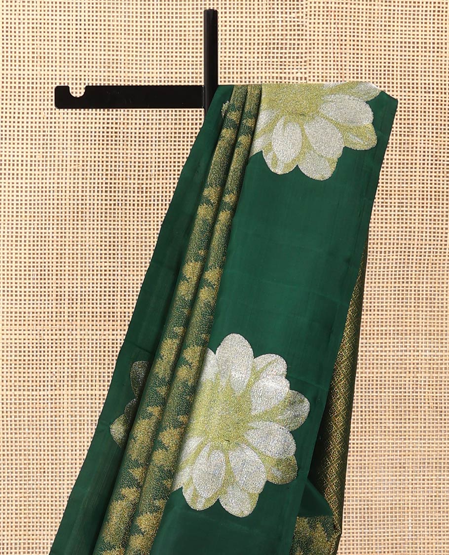 Green tree motifs Kanchipuram designer saree, big marigold floral motifs woven border, and jaal pallu - Image 4