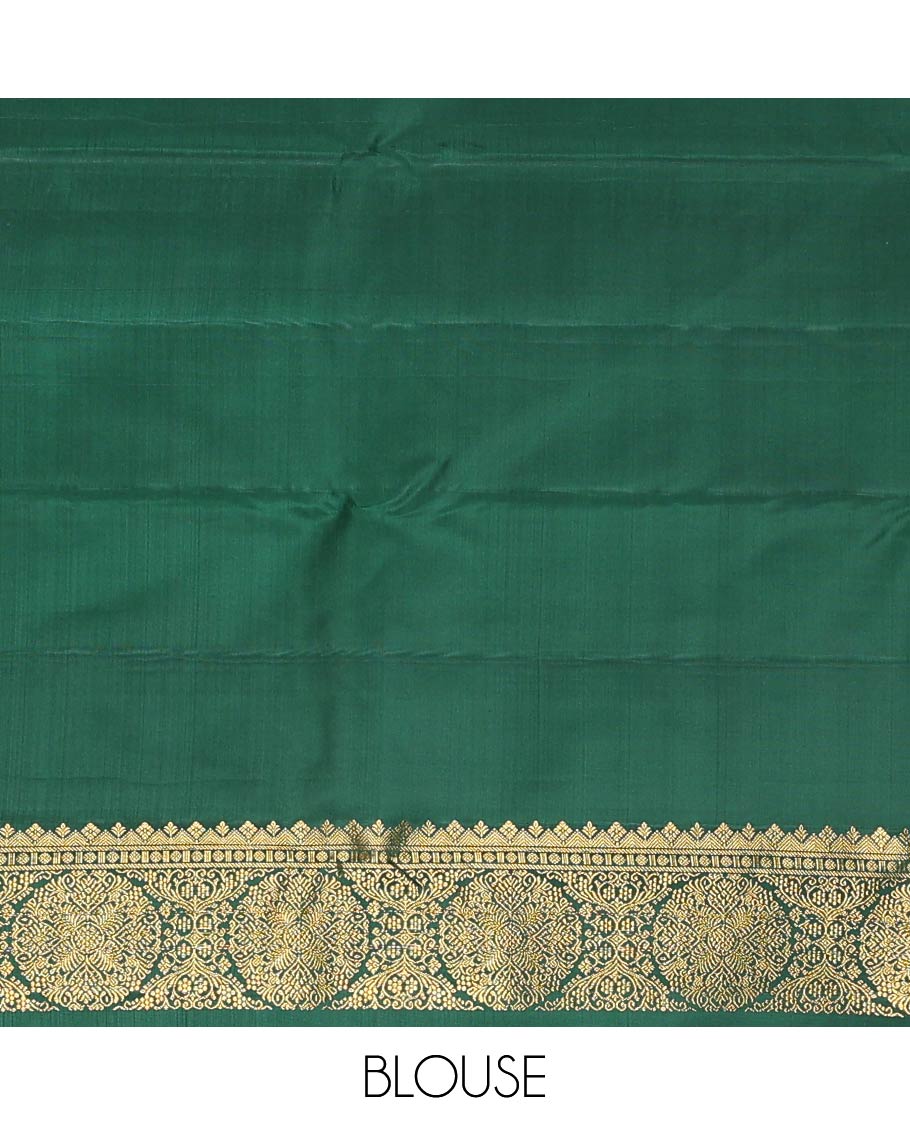 Green tree motifs Kanchipuram designer saree, big marigold floral motifs woven border, and jaal pallu - Image 6