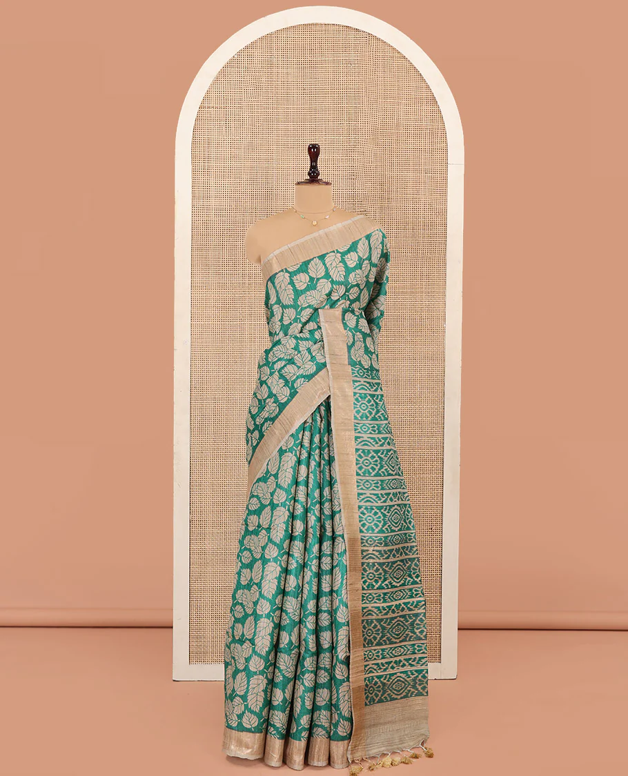 Green Tussar Silk Saree Accentuated with Leaf Motifs Printed All Over Its Body, Featuring a Contrast Border, Complemented by Contrast Pallu of Ikkat-Style Print, and Paired with a Matching Blouse - Image 3
