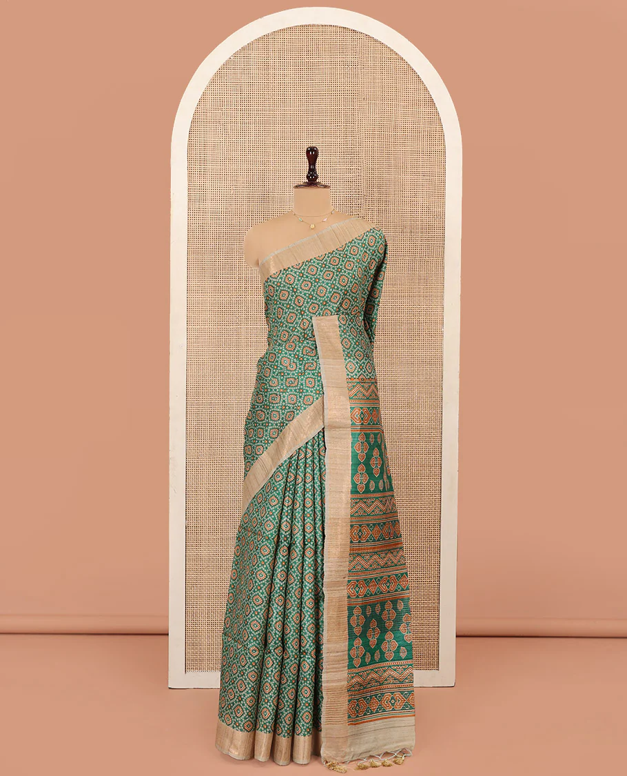 Green Tussar Silk Saree Beautified with Bandhani Dots Printed All Over Its Body, Complemented by Contrast Border, Pallu of Intricate Print, and Paired with a Contrast Blouse - Image 3