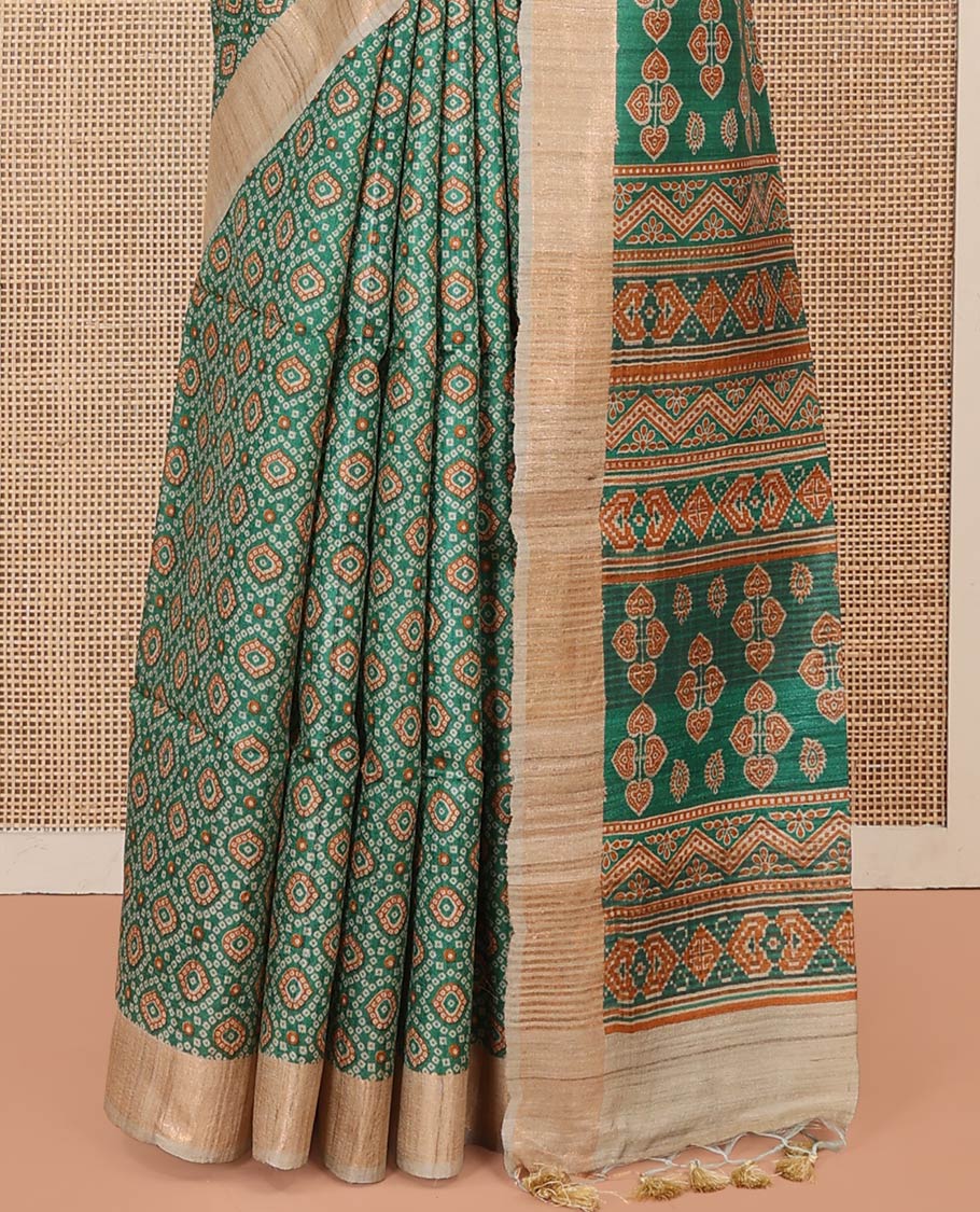 Green Tussar Silk Saree Beautified with Bandhani Dots Printed All Over Its Body, Complemented by Contrast Border, Pallu of Intricate Print, and Paired with a Contrast Blouse - Image 4