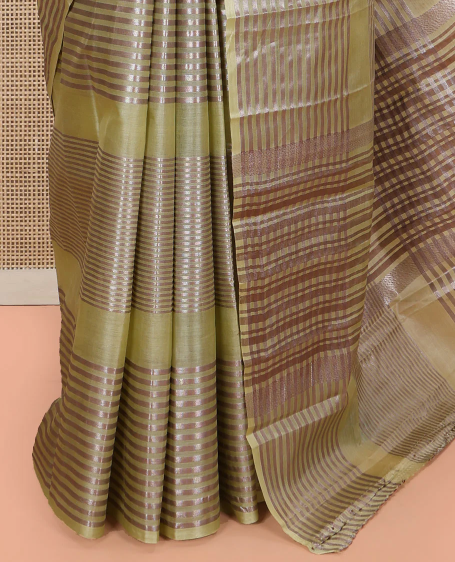 Green Tussar Silk Saree, Highlighted by Horizontal Zari Stripes Running All Over Its Body, Highlighted by Zari Striped Border, Zari Gleamed up Pallu, and Paired with a Matching Blouse - Image 6