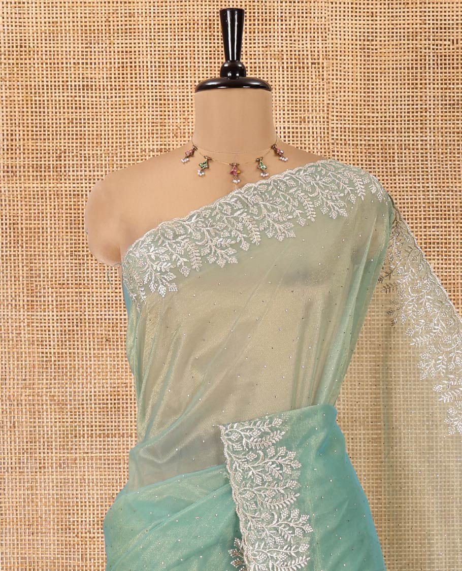 Green Twill Net Saree, Gleamed Up with Stone Work, Highlighted by a Scallop Embroidered Border, and Paired with a Matching Blouse - Image 2