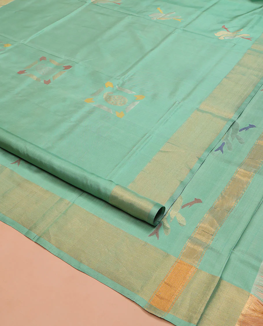 Green Uppada Silk Saree, Bedecked with Meena Zari Buttas on Its Body, Subtle Bavanji Border, Pallu of Meenakari Zari Buttas, and Paired with a Matching Blouse - Image 2