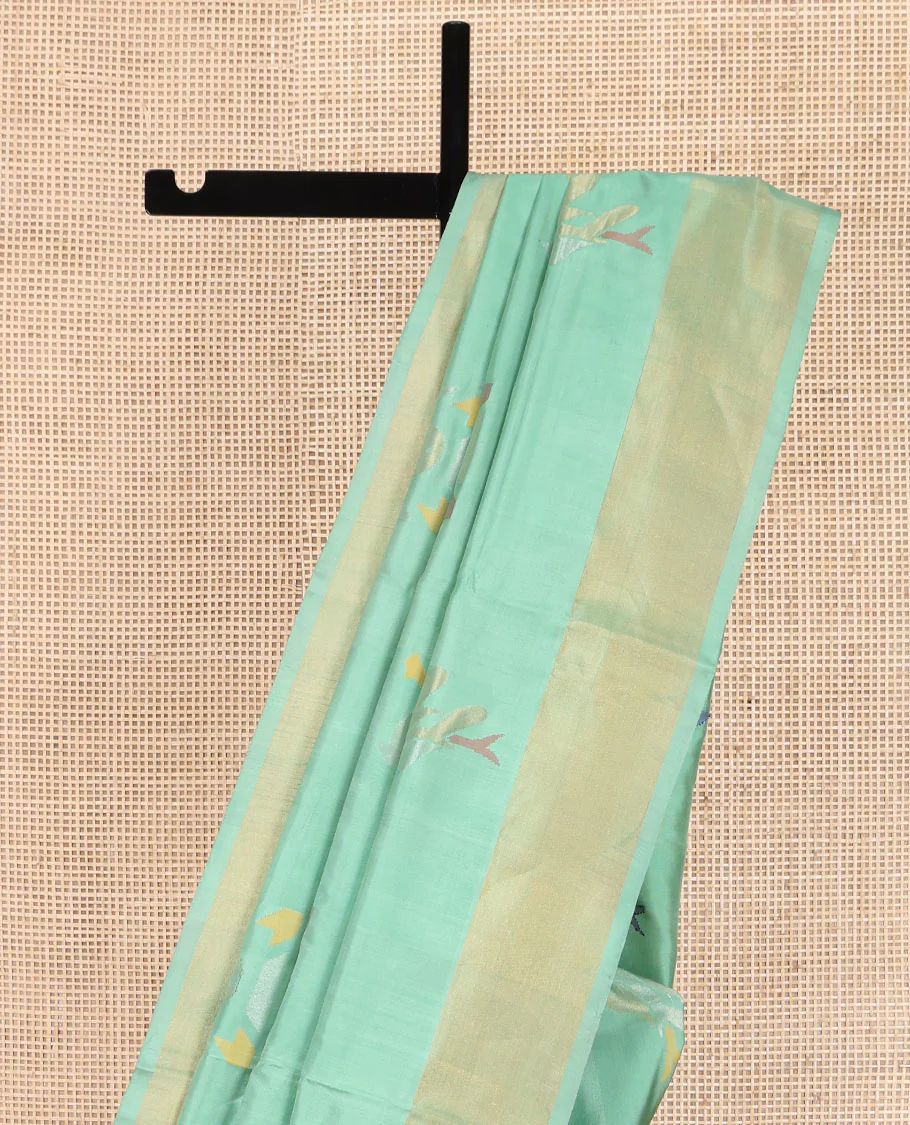 Green Uppada Silk Saree, Bedecked with Meena Zari Buttas on Its Body, Subtle Bavanji Border, Pallu of Meenakari Zari Buttas, and Paired with a Matching Blouse - Image 3