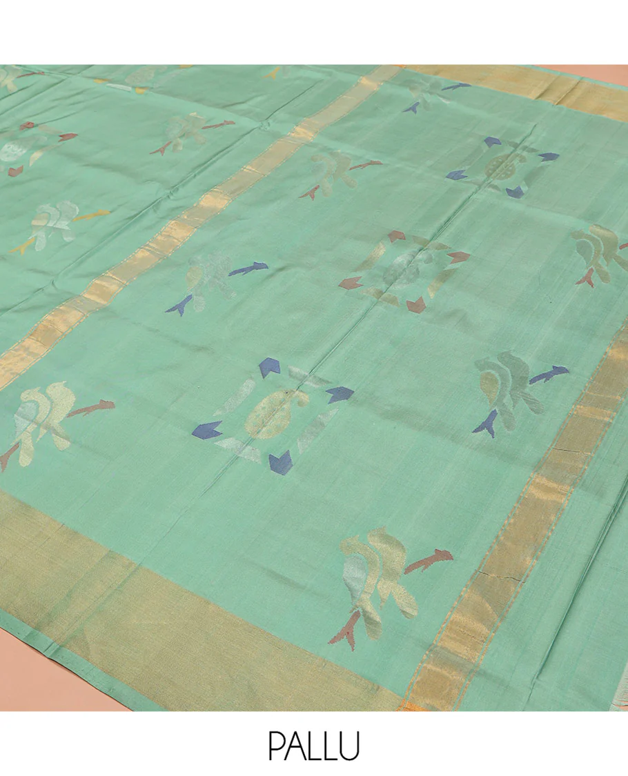 Green Uppada Silk Saree, Bedecked with Meena Zari Buttas on Its Body, Subtle Bavanji Border, Pallu of Meenakari Zari Buttas, and Paired with a Matching Blouse - Image 5