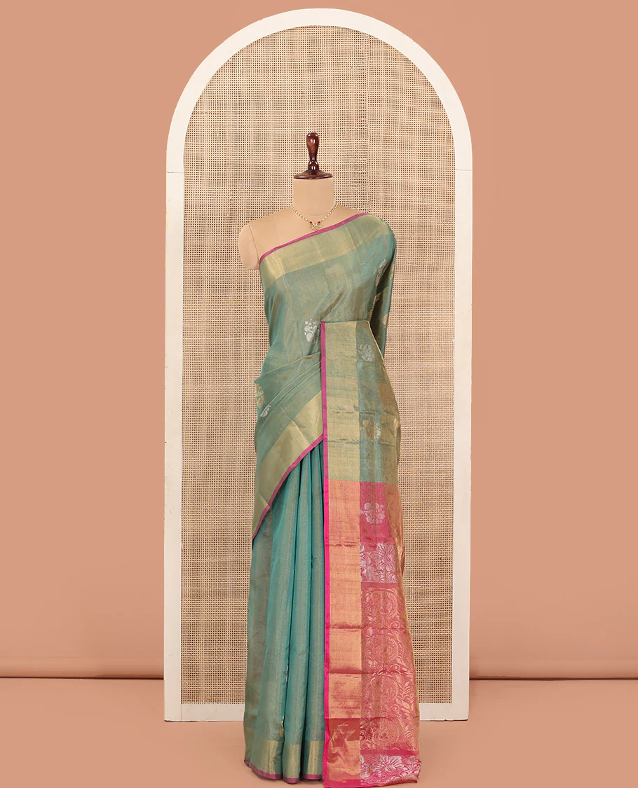 Green Uppada Silk Saree Bedecked with Zari Buttas, Complemented by Bavanji Border, Captivating Contrast Pallu of Floral-Paisley Design Weave, and Paired with a Contrast Blouse - Image 4