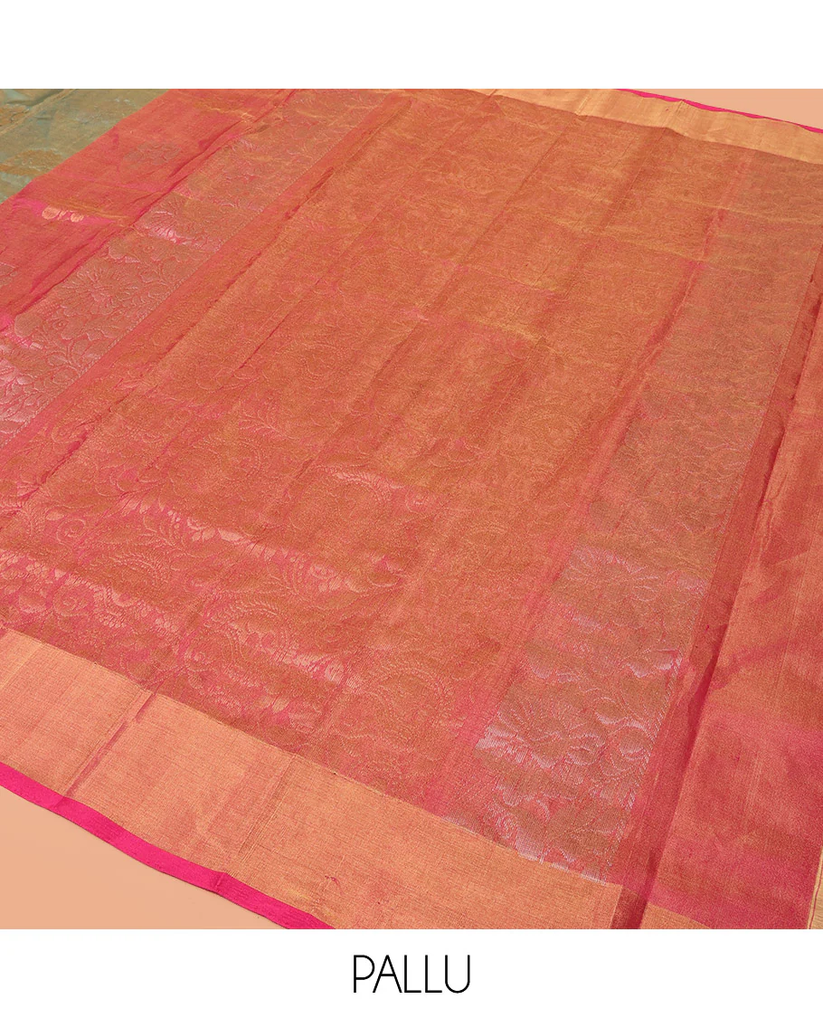 Green Uppada Silk Saree Bedecked with Zari Buttas, Complemented by Bavanji Border, Captivating Contrast Pallu of Floral-Paisley Design Weave, and Paired with a Contrast Blouse - Image 6