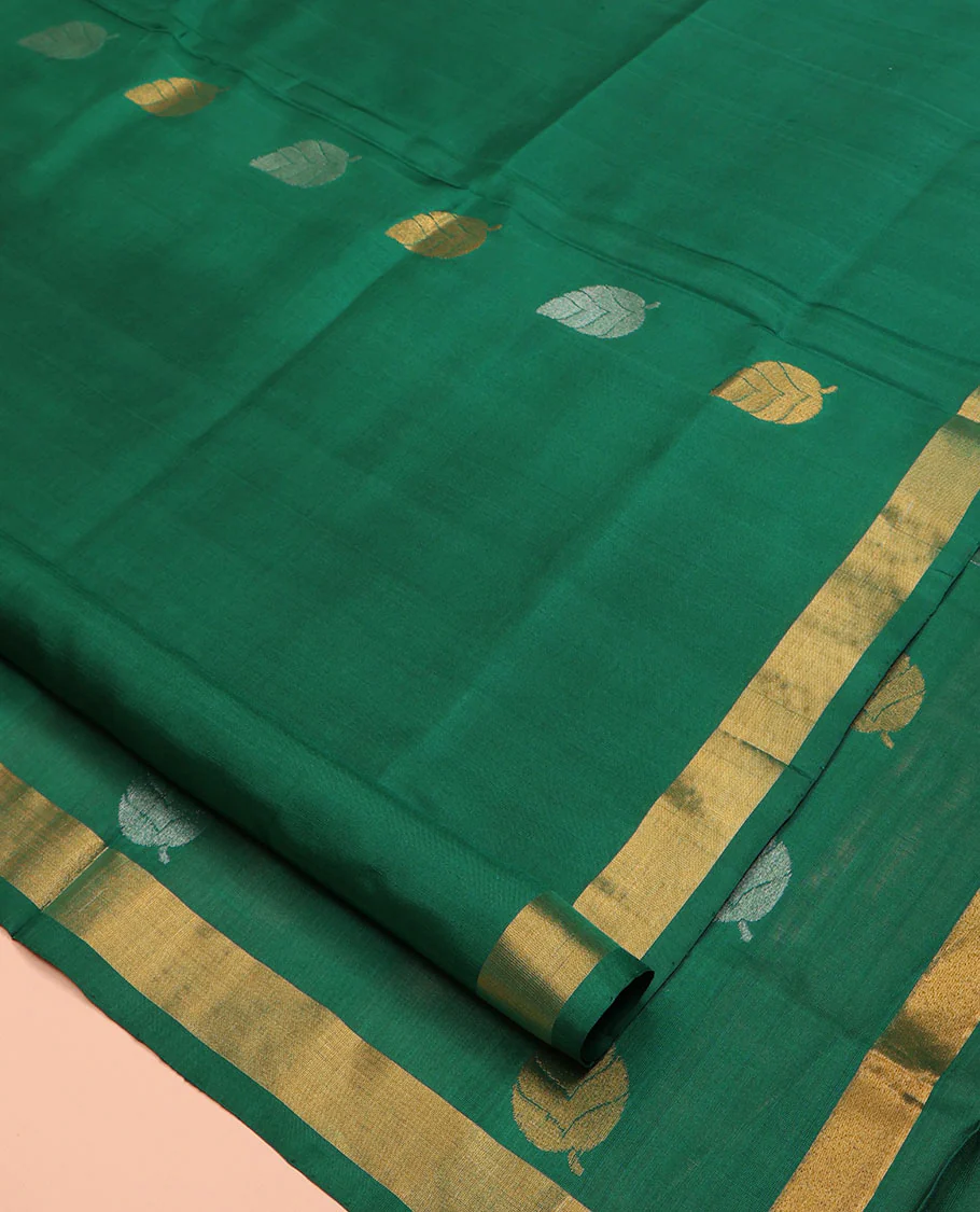 Green Uppada Silk Saree, Subtly Sparkled with Leaf Zari Buttas All Over Its Body, Subtle Bavanji Border, Pallu Steeped with Leaf Buttas, and Paired with a Matching Blouse - Image 2